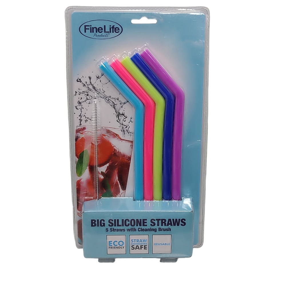 FineLife Big Silicone Straws for Smoothies Shakes Boba with Cleaning Brush NIP